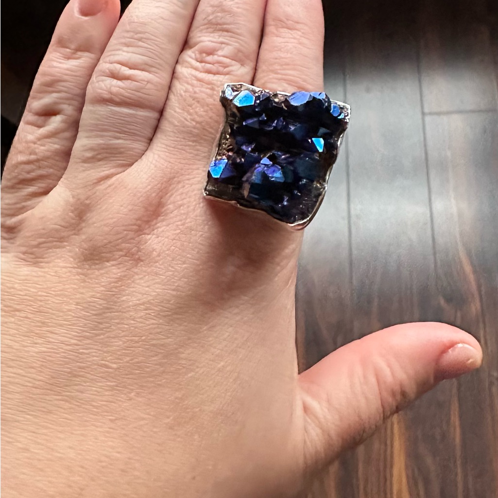 Dark Blue Flame Quartz Crystal Cluster Ring